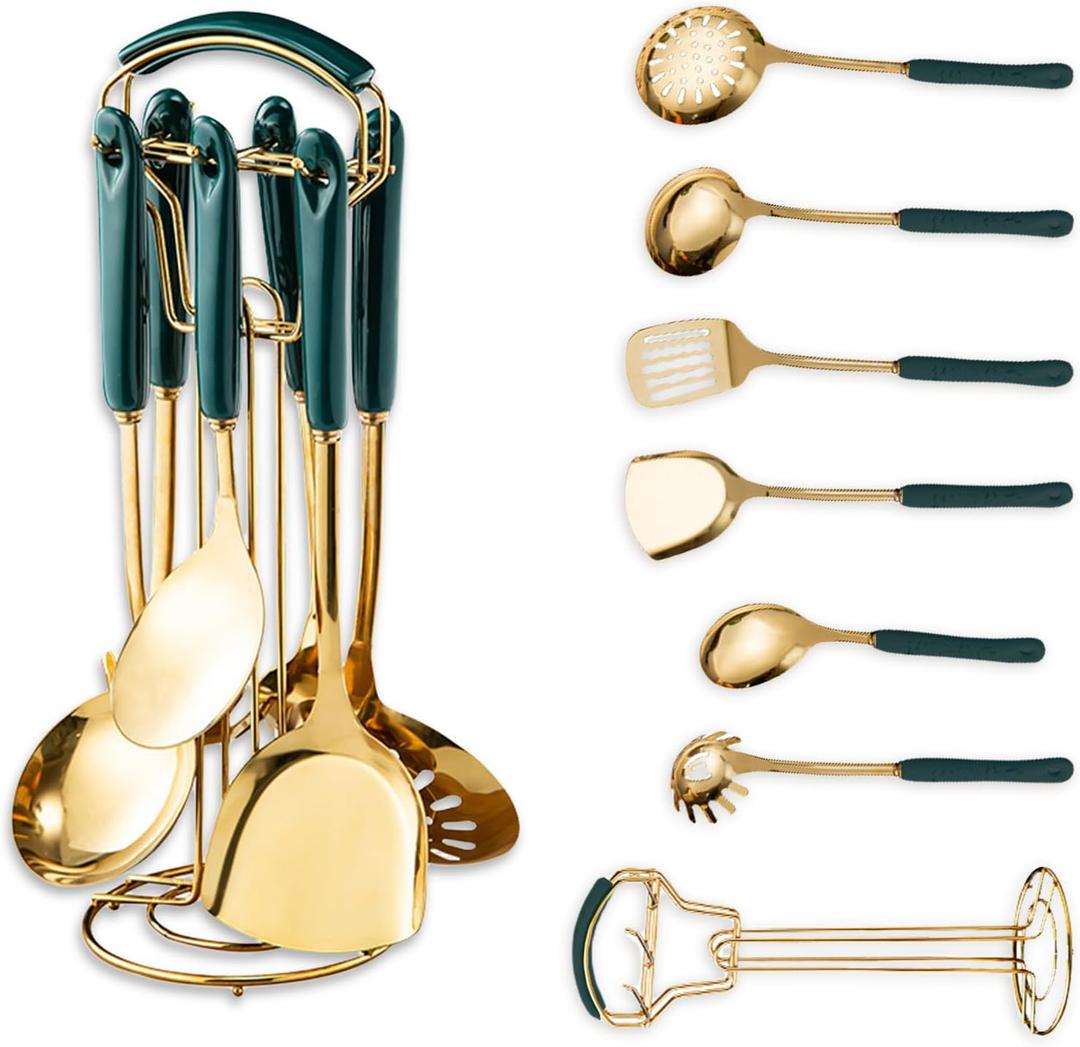 Gold Kitchen Utensils,7pieces Gold Cooking Utensils Set,Kitchen Tools Set With Utensil Holder, gold kitchen accessories,Dishwasher Safe, Easy To Clean (Green)