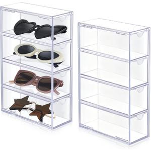 Sintuff 2 Pieces Acrylic Sunglass Organizer Clear Sunglass Holder with 4 Drawers Glasses Organizer for Women Clear Eyeglass Holder Eyewear Display Case Multiple Pair for Glasses Jewelry Watch Storage (White)