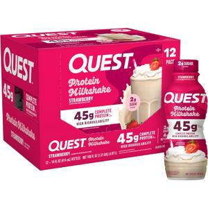 Quest Nutrition Strawberry Protein Shake, 45g Protein, 2g Sugar, 4g Net Carbs, Ready to Drink, Gluten Free, 12 Count (EXP 01/19/27)