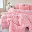 RYNGHIPY Pink Fluffy Velvet Bedding Set 3Pcs Ultra Soft Long Hair Plush Shaggy Duvet Cover with Pillowcases Queen Size Girls Bedding Sets (Pink, Queen)