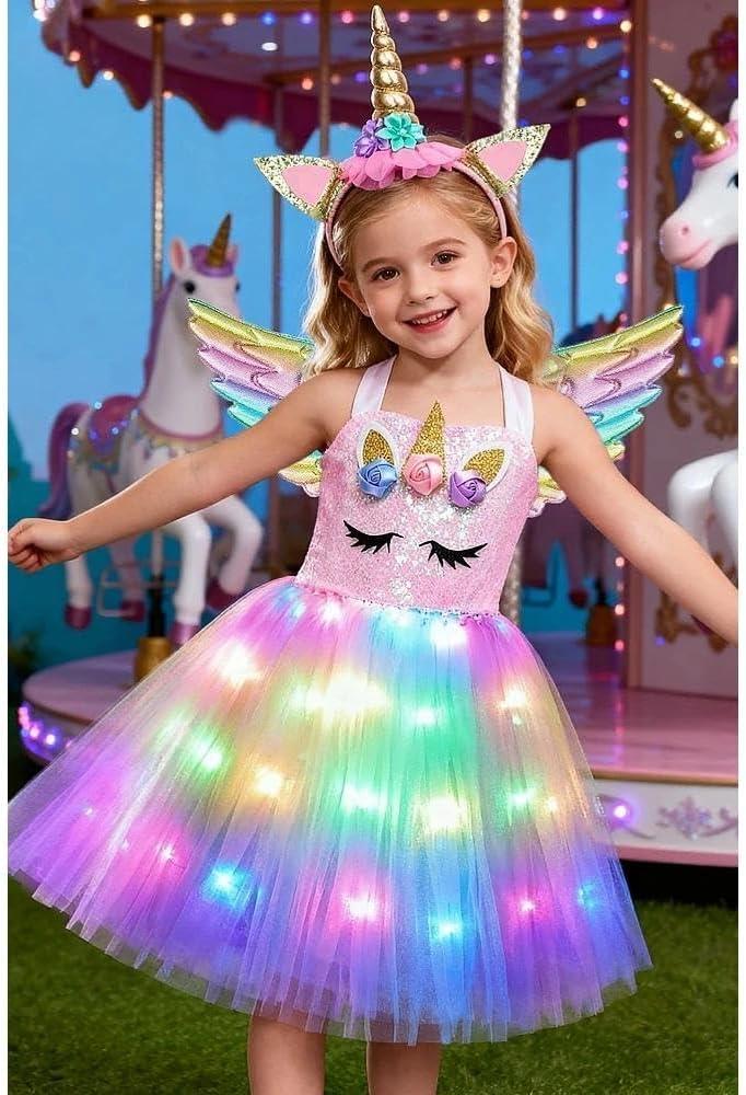 Unicorn Costumes for Girls LED Light Up Unicorn Princess Tutu Dress for Halloween Birthday Party Gifts (7-8 Years, Pink)