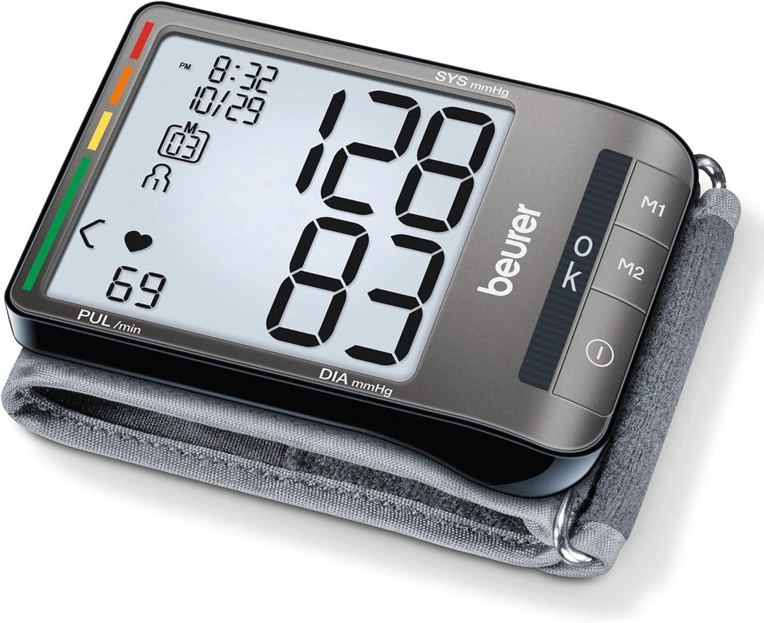 Beurer BC81 Wrist Blood Pressure Monitor XL Display, Arrhythmia Detection, 120 Memory Sets XL Blood Pressure Cuff Wrist for Home Use, Automatic Blood Pressure Machine with Storage Case, Batteries