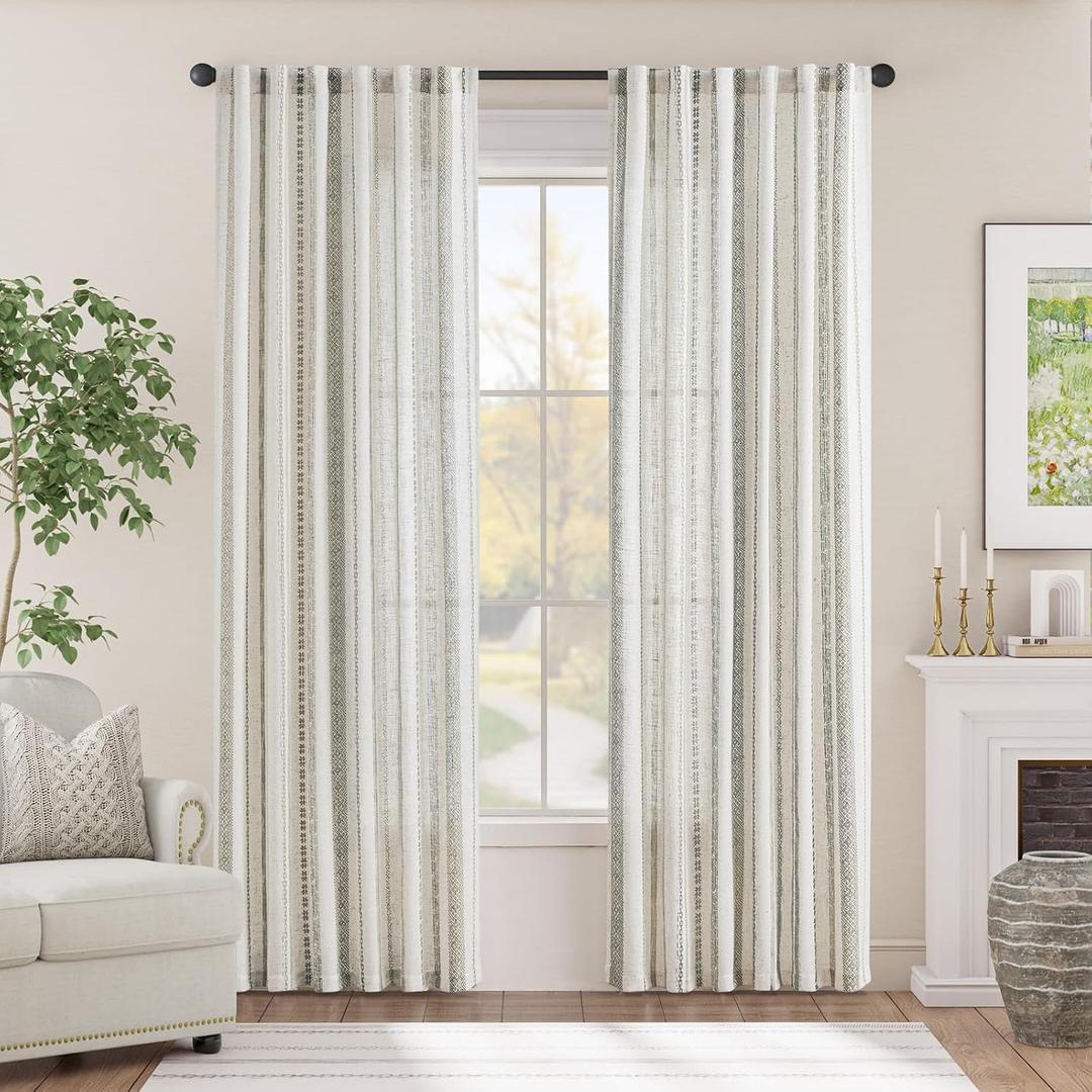 jinchan Linen Blend Boho Curtains for Living Room, 84 Inch Long Grey Printed on Beige Retro Farmhouse Bohemian Geometric Striped Drapes, Light Filtering Back Tab Curtains 2 Panels