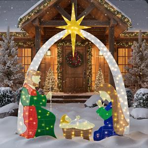 6FT Christmas Nativity Scene Outdoor, 4 pcs Lighted Christmas Decor w/ 319 LED Lights, Metal Ground Stakes and Zip Ties, Outdoor Nativity Scenes for Yard and Home