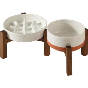 Havniva Ceramic 1.2 Cup Raised Slow Feeder Dog Bowl Set, Elevated 6.1inch Bowl and 7.3inch Slow Feeder Dish with Acacia Wood Stand for Small and Medium Dogs (2 x Vanilla White+ Stand)
