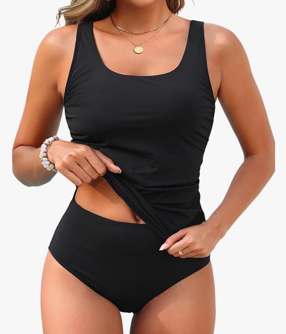 Women Tummy Control Tankini Swimsuits - Two Piece Bathing Suit Ruched Top with High Waisted Bottom 2025 Swimwear, Black, L