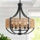 20" Rattan Farmhouse Chandelier Light Fixtures,5-Light Rustic Rattan Pendant Lighting with Woven Wicker Shade Boho Black Hanging Ceiling Light for Dining Room Living Room Kitchen Island Bedroom