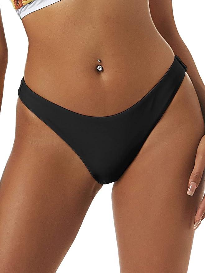 ZAFUL Women's High Cut Plain Bikini Bottom Mid Waist Solid Swimsuit Briefs Cheeky Bathing Suit High Leg Swim Bottoms Black M