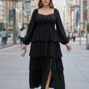 EYWOL Womens Plus Size Floral Tiered Ruffle Long Sleeve Evening Party Wedding Guest Dress (Black, M)