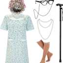 EBYTOP Women's Old Lady Costume Kit with Nightgown Wig Cane & Other Halloween Cosplay Accessories (Large/X-Large, Blue)