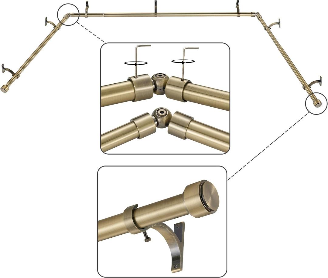 Antique Bronze Bay Window Curtain Rods with Aluminum End Cap Finials and Brackets,Adjustable 32-86 Inch Center Rod for windows (20-82’’), 32-58 Inch Side Rods for windows (20-54’’)