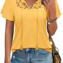 Uhiger Womens Boho Tops Short Sleeve Convertible V Neck Blouses Lace Trim Tassel Tie Front Flowy Chic Vacation Outfits (Yellow, XL)