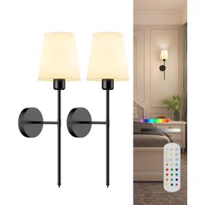 Battery Operated Wall Sconce Set of 2,Rechargeable Wall Lights with Dimmable Detachable Bulbs and Remote,15 Colors Wireless Wall Lamps for Bedroom Living Room Hallway,Black(2 Pack)