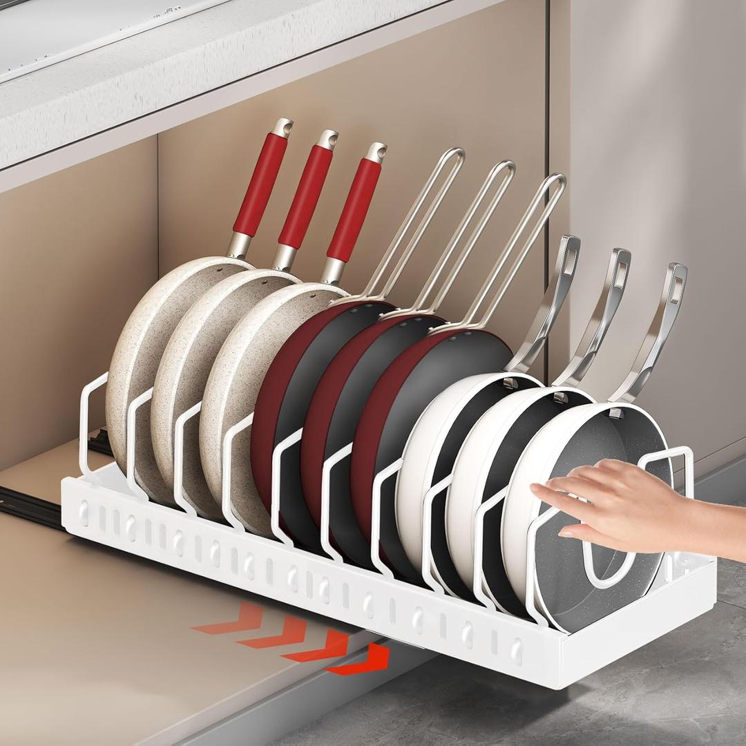 1 Pack Pull Out Pot and Pan Organizer Under Cabinet, Slide Out Pot Lid Organizer with 10 Adjustable Dividers Sliding Pan Holder Storage Rack Inside Cabinet for Kitchen White