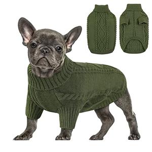 Queenmore Small Dog Pullover Sweater, Cold Weather Cable Knitwear, Classic Turtleneck Thick Warm Clothes for Chihuahua, Bulldog, Dachshund, Pug (Army Green, Large)