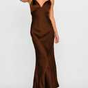 Summer Satin Braided Spaghetti Strap V Neck Maxi Dress for Women Elegant Silk Sleeveless Backless Midi Prom Dress (Brown, XS)