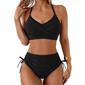 Fanuerg Women's High Waisted Bikini Sets Drawstring Tummy Control Two Piece Swimsuits Crisscross Tie Back Bathing Suit - M