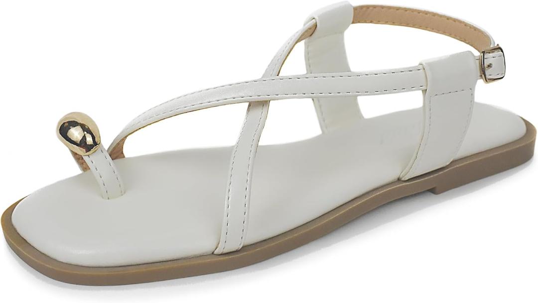 Women's Cross Strappy Flat Sandals Ring Buckle Ankle Boho Wedding Dressy Sandals (9, White)