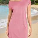 Wenrine Womens Summer Mini Dress Casual Knitted Short Cap Sleeve Boat Neck Loose Sweater Dresses (Pink)