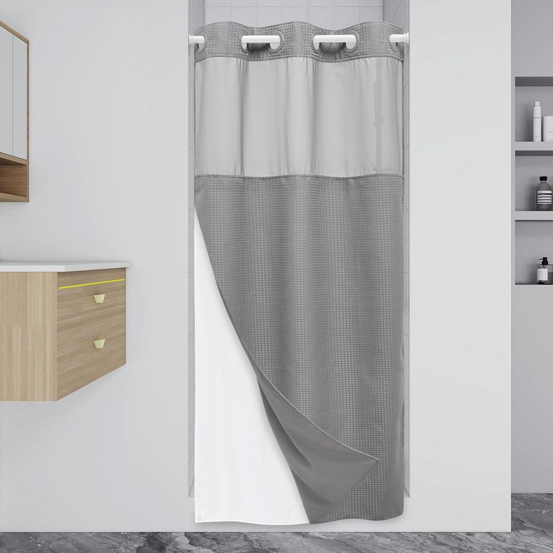 EUTXL Stall No Hook Shower Curtain with Snap in Liner,230GSM Waffle Weave Shower Curtains for Bathroom,36W x 74H,Grey