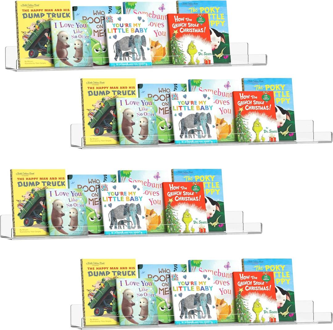 HBlife 36 Inches Invisible Wall Floating Bookshelf for Kids and Nursery, 16 Inch Stud Spacing Clear Acrylic Shelves for Figures, 4 Pack (5MM Thick)