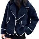 Cicy Bell Women's Sherpa Fleece Jacket Casual Collar V Neck Fuzzy Coats Contrast Trims Open Front Winter Outwear, Medium