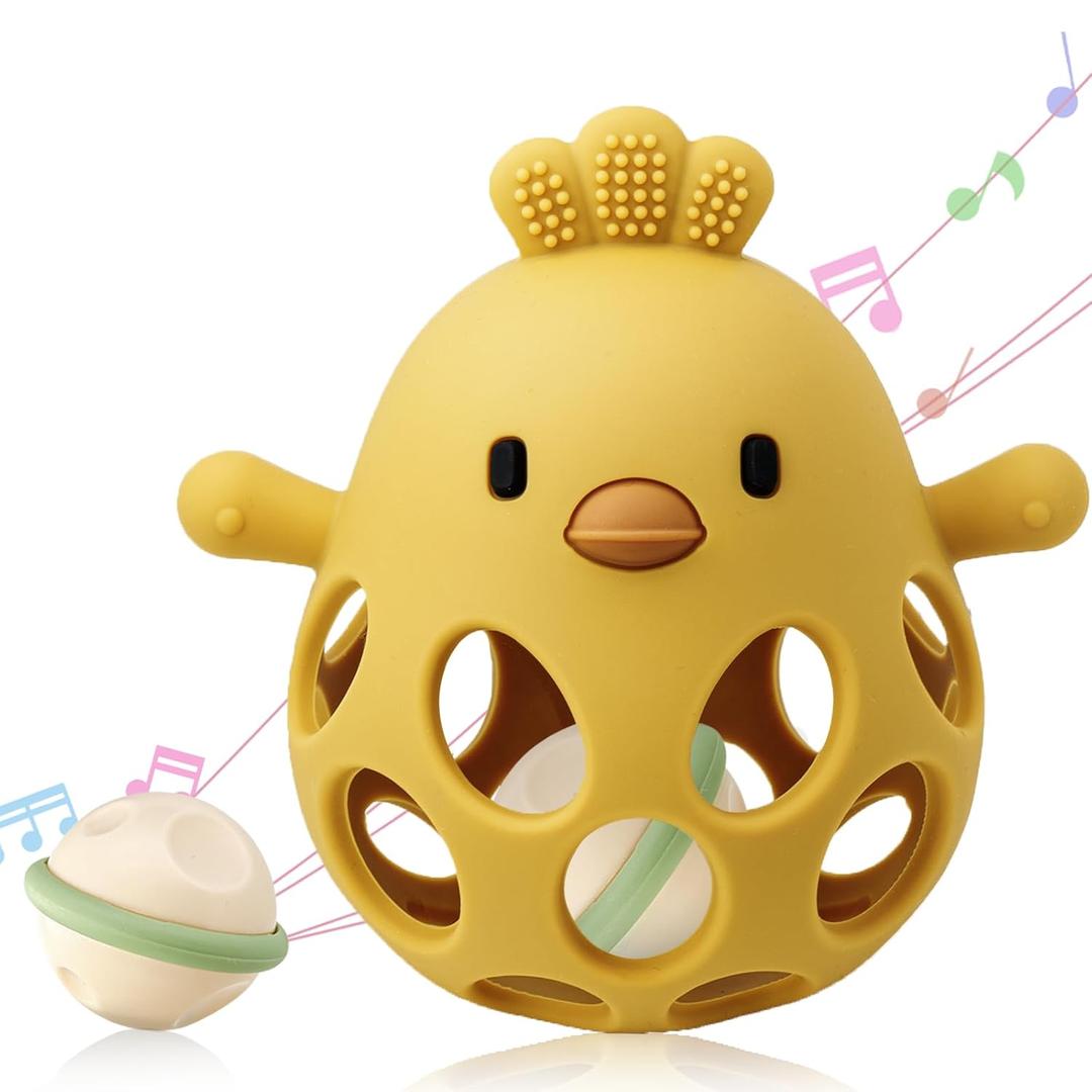 ChooKaChoo 2-in-1 Baby Teething Rattle Toy, Sensory Grasping Teether for Infants 3-12 Months, 100% Food-Grade Silicone, Easy to Hold, Soothing & Developmental, BPA Free (Ginger)