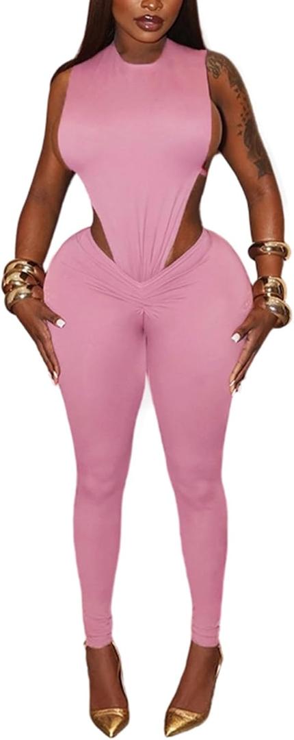 Sexy 2 Piece Sets for Women Sleeveless Hollow Out Bodysuit Top Bodycon Ruched Leggings Set Jumpsuit Club Outfits (Pink, M)