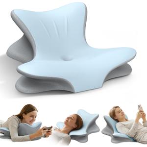 Cervical Neck Pillow for Pain Relief, Ergonomic Reading Pillow for Bed, Orthopedic Wedge Pillow Back Support Pillow, Contour Memory Foam Pillows for Sleeping, Couch Floor Use Lying, Leaning Reading (Blue)