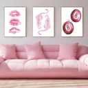 3Pcs Trendy Pink Leopard Canvas Wall Art Funky Retro Fashion Cheetah Kiss Lips Lucky 8 Ball Aesthetic Painting Pictures Wall Decor Poster Prints Artwork for Girls Dorm Living Room Bedroom Unframed