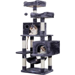 Hey-brother Multi-Level Cat Tree Condo Furniture with Sisal-Covered Scratching Posts, 2 Plush Condos, Perch Hammock for Kittens, Cats and Pets, Smoky Gray MPJ020-SG (57 Inches)