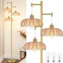 Vintage Floor Lamps for Living Room Bedroom-3 Light Glass Floor Lamp with Three Led Bulb, Flower Tall Floor Lamp Gold Mid Century Modern Standing Lamp Tree Floor Lamps for Living Room Bedroom Corner