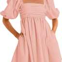 Ebifin Womens Square Neck Dresses Half Puff Sleeve High Waist A-Line Casual Backless Smocked Short Babydoll Mini Dress (Pink, L)