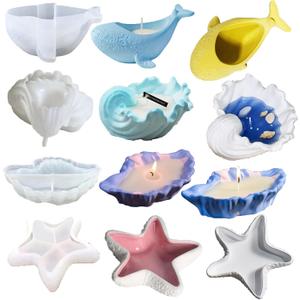 4PCS Starfish Tray Silicone Mold Candle Holder,Wave Shell,Large Conch,Whale Holder Resin Mold Ocean Epoxy Resin Molds for DIY Jewelry Tray Candle Holder (off-white)
