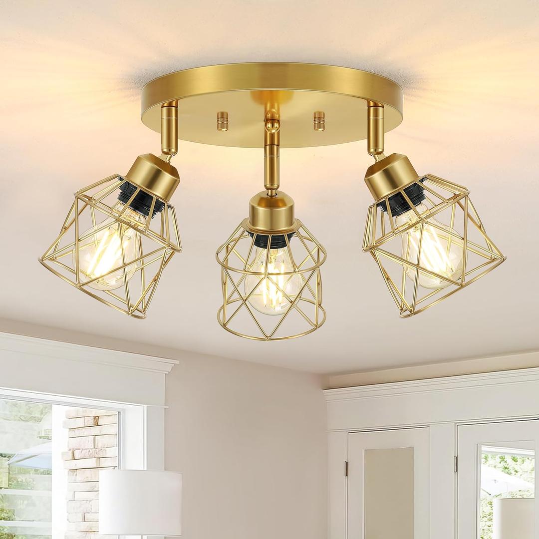 Baocuz 3-Light Brushed Gold Kitchen Light Fixtures, Modern Close to Ceiling Light with Metal Cage, Multi-Directional Gold Ceiling Lights for Farmhouse, Hallway, Dining Room, Entryway