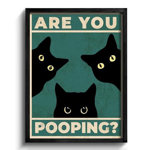 Heiple Framed Bathroom Wall Art Black Cat Are You Pooping Funny Wall Decor Hanging Sign for Vintage Home Farmhouse Decor (Black, 16"x20")