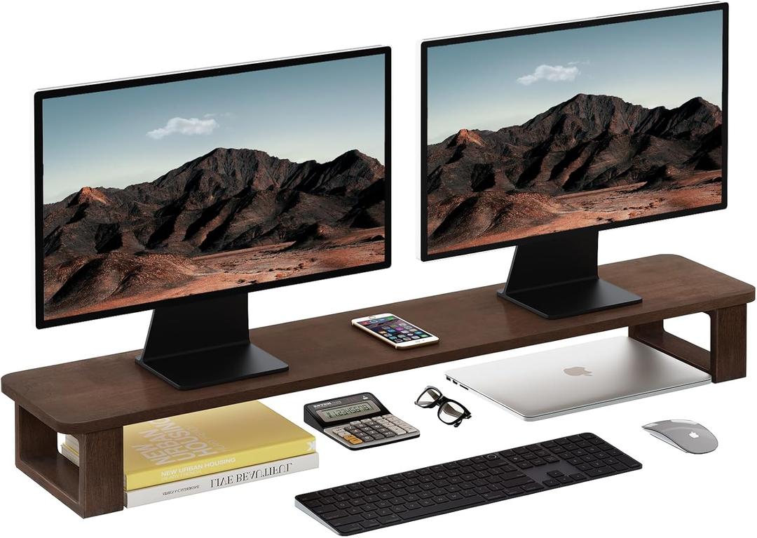 Ufine Dual Monitor Stand Riser 2 Heights Adjustable Wood Computer Monitor Stand Desktop Organizer, Large Monitor Stand for 2 Monitors, Laptop, TV, Printer