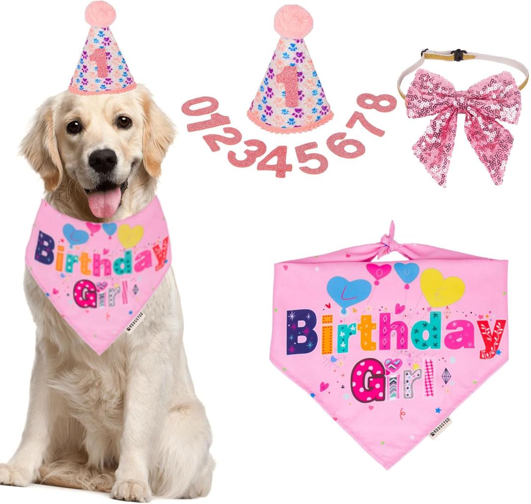 ADOGGYGO Dog Birthday Party Supplies, Pink Girl Puppy Birthday Bandana Hat Numbers Bow Set for Large and Extra Large Dogs (X-Large)