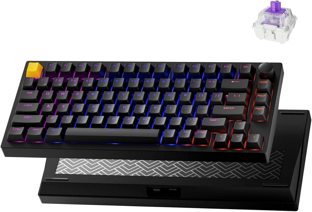 LEMOKEY P1 HE 75% Wireless Custom Mechanical Gaming Keyboard with Gateron Double-Rail Magnetic Switches Knob Version, QMK 2.4 GHz Bluetooth 5.2 RGB Backlight Compatible with Mac Windows Linux-Black (Shine-Through-Black)
