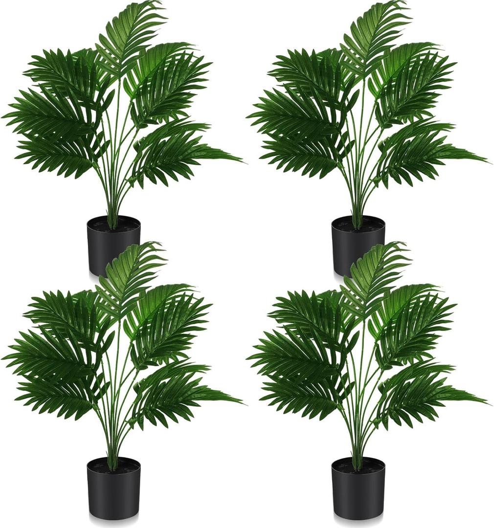 Jexine 4 Pack Artificial Areca Palm Plant Fake Palm Tree, Faux Plant for Home Decor Indoor Outdoor Faux Areca Palm Tree in Pot for Home Office Housewarming Gift Modern Decoration (2 Feet)