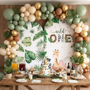Boao 2 Pack Green Wild One Arch Backdrop Cover 7.2FT 6FT Wild One 1st Birthday Party Decorations Spandex Stretchy Backdrop Jungle Theme Safari Party Decorations