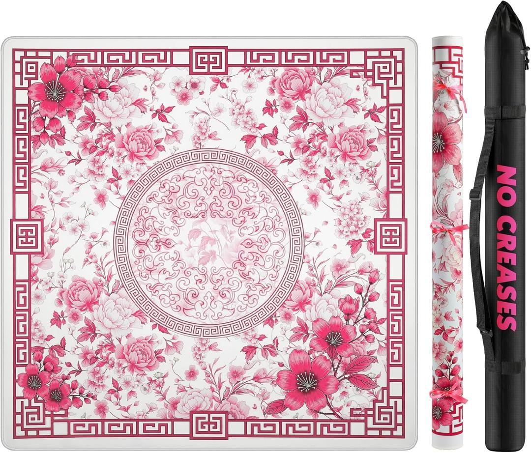 Mahjong Mat for Table 33x33 Inch, No-Crease, Anti-Slip, Noise-Reducing American Mahjong Mat, Mahjong Table Mat with Carry Bag, Neoprene Mahjong Mat for Poker, Card, Board(Pink)