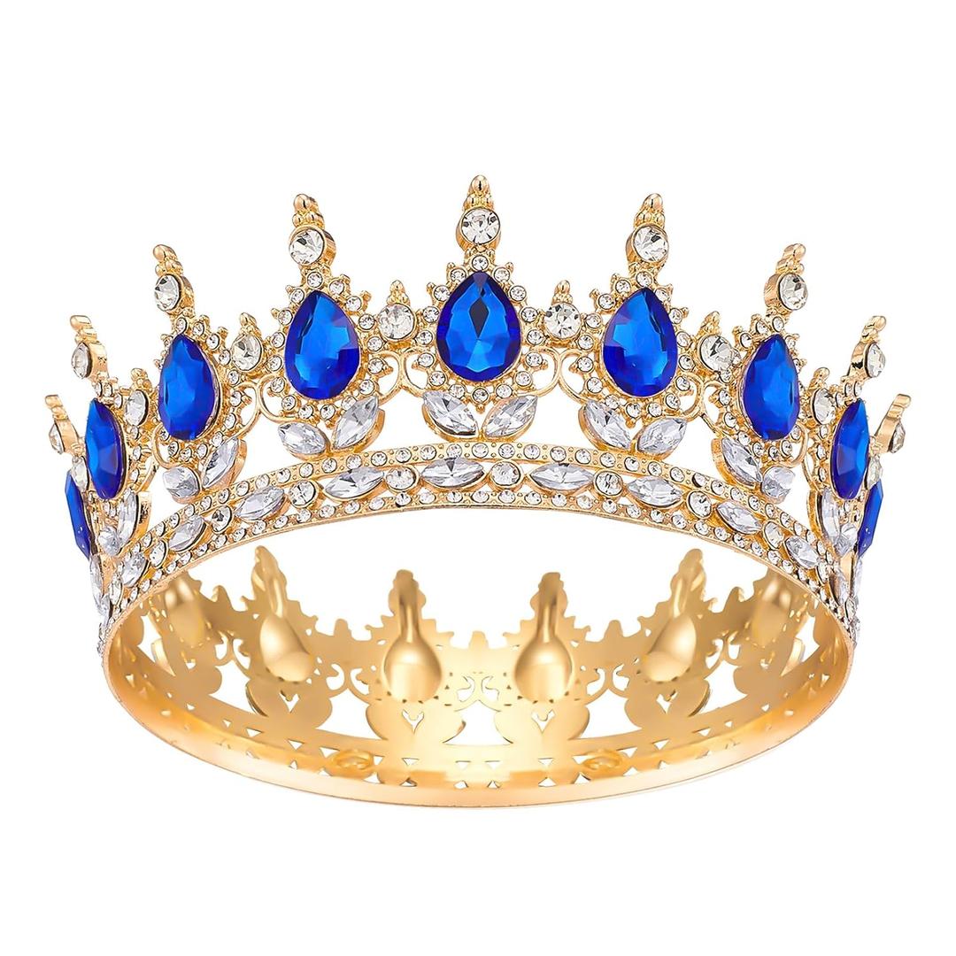 Crown for Women, Crystal Queen Crown for Birthday Costume Party Celebration, Gold Dark Blue