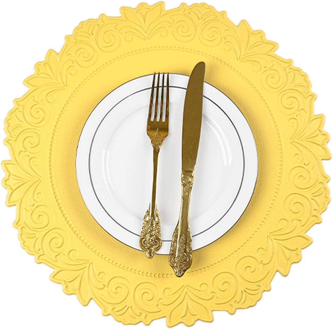 Noctiflorous Round Faux Leather 15 Inch Placemats Set of 6 Waterproof Wipeable Heat Resistant Tablemat for Dining Table Kitchen Non Slip Washable Oilproof Table Place Mat(Mango Yellow, 6)
