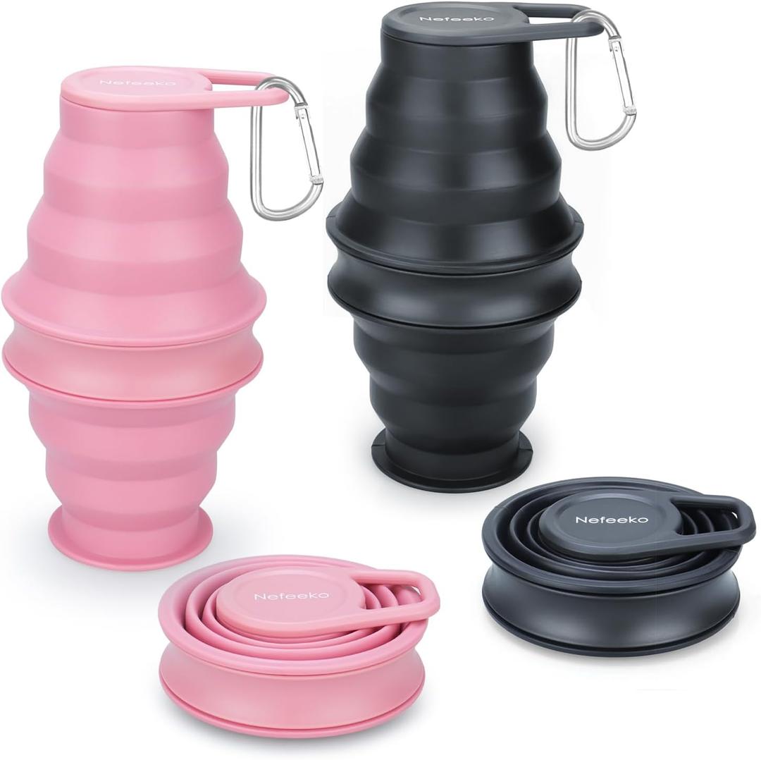 Nefeeko Collapsible Water Bottle,17oz(500ml) Reuseable BPA Free Silicone Foldable Water Bottles for Travel Gym Camping Hiking, Portable Leak Proof Sports Water Bottle with Carabiner (PKBK)