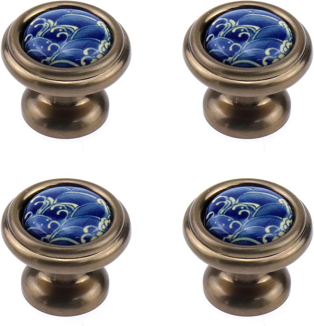 MY MIRONEY 1.26" Diameter Blue Porcelain Knobs Chinese Style Decorative Drawer Pulls Antique Bronze Ceramic Knobs Door knobs Cupboard Pull Handle Pack of 4