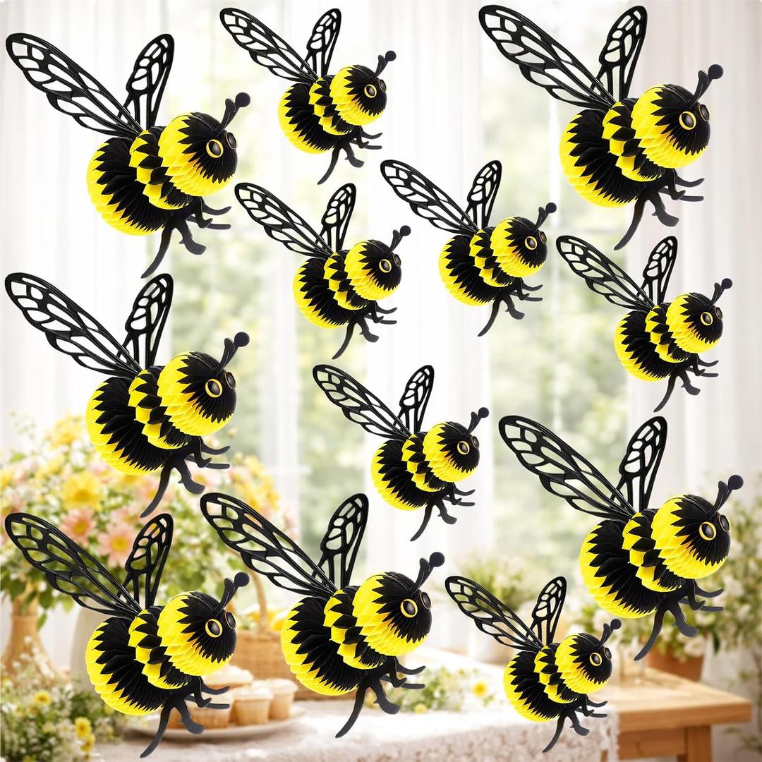 12 Pcs Bee Party Decorations Honey Bee Honeycomb Hanging 10'' 8'' Bees Table Decor Centerpieces Decoration for Baby Shower Gender Reveal Birthday Honey Hive Decoration