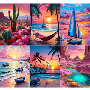 T.HENV Diamond Art Kits for Adults, 6 Packs Summer Beach Daimond Paint by Numbers Kit for Adults, 5D DIY Diamond Painting Kit, Crystal Gem Art Kits for Home Wall Deacor, Living or Bedroom, 12x16 inch