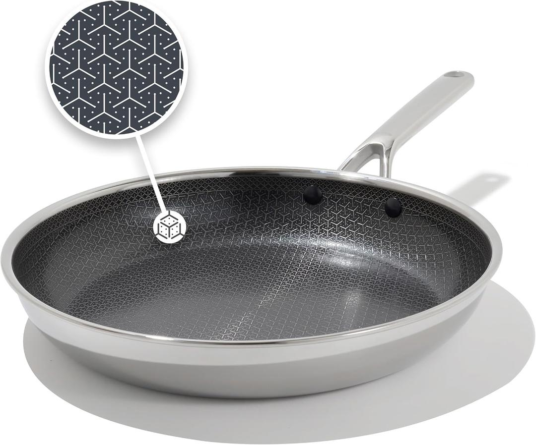 OXO Hybrid 12” Nonstick Stainless Steel Frying Pan, PFAS-Free Ceramic Skillet, Fusion Boost Tech for Powerful Searing, Induction & All Cooktop Compatible, Dishwasher Safe, Mirror Polished Tri-Ply