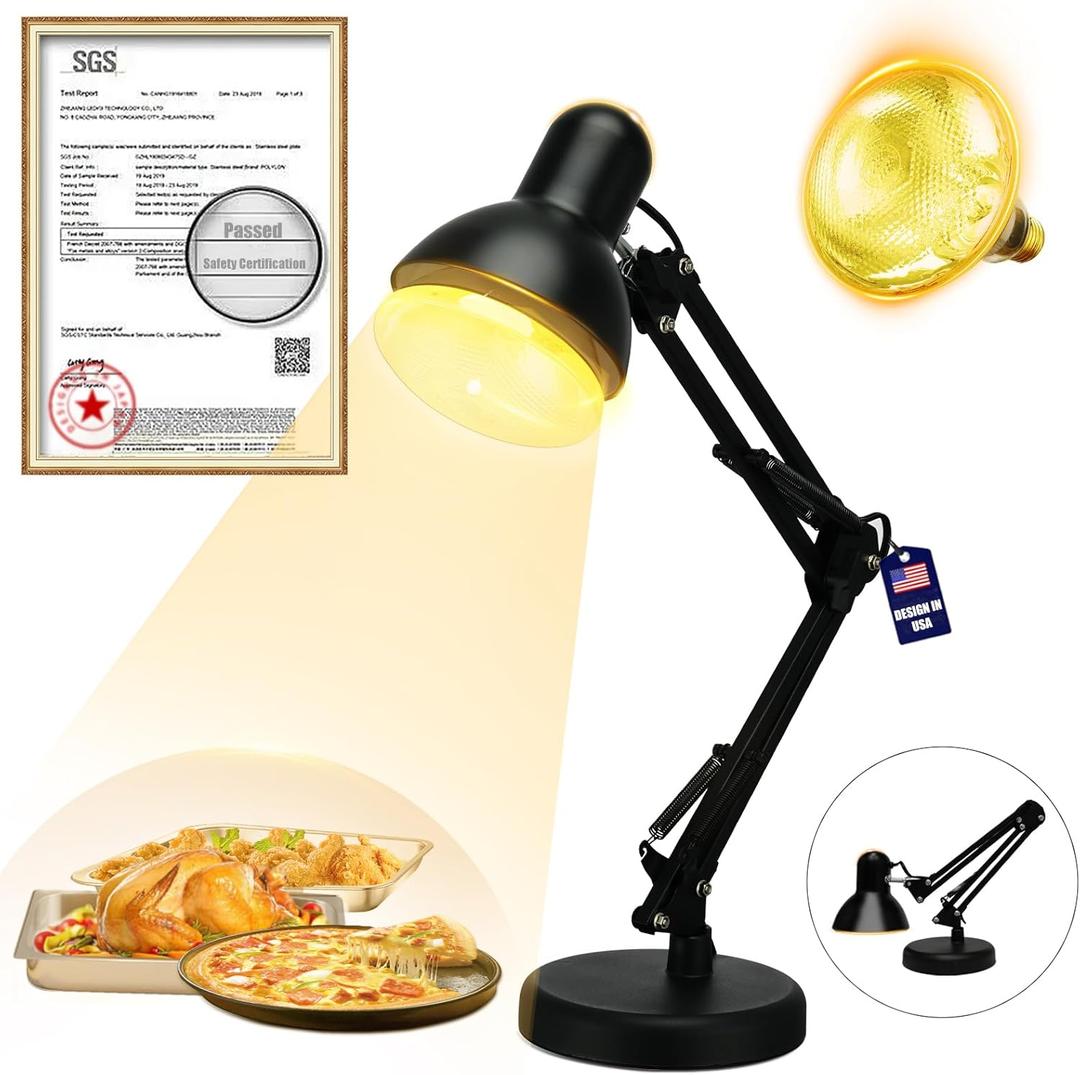 Portable Food Heat Lamp - [Foldable Design] [3S Quickly Heating] Food Warmer Light, Commercial Heat Lamp for Food, Catering Warming Lamp for Parties, Buffet, Pizza, Chicken, Chocolate (Black)